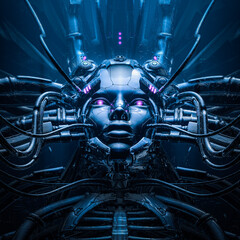 Wall Mural - prototype mother - 3d illustration of metallic science fiction female artificial intelligence inside