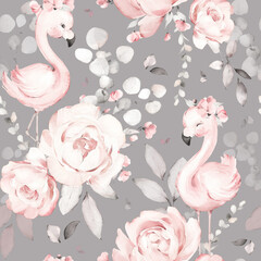 seamless floral watercolor pattern with garden pink flowers roses, peonies, leaves and baby flamingo. Botanic tile, background.