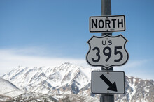 US Route 395 Sign With Eastern Sierra Mountain Backdrop, Mono County, California, USA