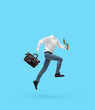 Portrait of invisible man wearing modern business style outfit running, jumping isolated on blue background. Concept of fashion, creativity, work, caree