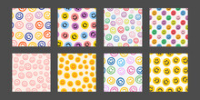 Set Of Groovy Flower Seamless Pattern. Cool Y2K Floral Background. Retro Blossom Funky Backdrop Vector Illustration.