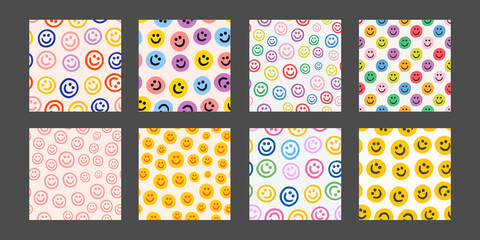 Poster - Set of Groovy Flower Seamless Pattern. Cool Y2K Floral Background. Retro Blossom Funky Backdrop Vector Illustration.