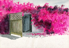 Watercolor Illustration Of A Wall Of A Whitewashed House Entwined With Pink Bougainvillea, With Wood Trellis And A Tiled Floor