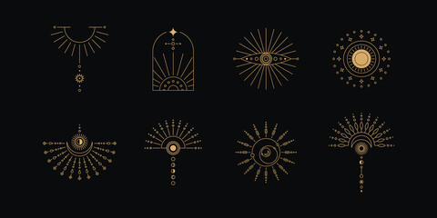 Wall Mural - set of moon and sun line art. minimal boho linear symbols. celestial mystic element. vector line art