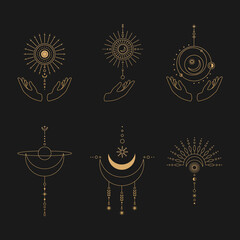 Wall Mural - set of moon and sun line art. minimal boho linear symbols. celestial mystic element. vector line art