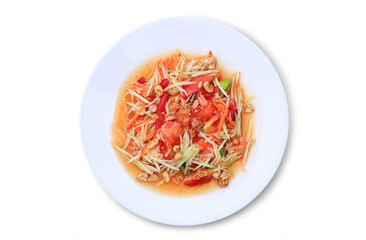 Canvas Print - Papaya Salad (Som Tam) the traditional Thai foods isolated on white background. Most wanted popular food in Thailand. Image with Clipping path.