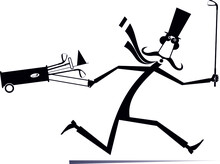 Cartoon Man In The Top Hat Running To Play Golf. 
Running Long Mustache Gentleman In The Top Hat With A Golf Club And Golf Bag. Black On White Background

