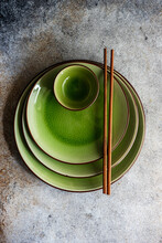 Overhead View Of Green Spring Asian Place Setting With Chopsticks
