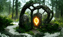 Fantasy Magical Fairy-tale Portal In The Forest. Round Stone Portal Teleport In Trees To Other Worlds. Fantastic Landscape. Magic Altar In The Forest
