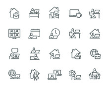 Remote Work Icons Set. Such As, Work From Home, Desktop, Video Conference, Coworking And Other Editable Vector Stroke.
