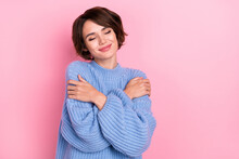 Portrait Of Adorable Girl Closed Eyes Hug Shoulders Silky Clothes Isolated On Pink Color Background