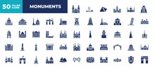 Set Of 50 Glyph Monuments Icons. Editable Filled Icons Such As Notre Dame Cathedral, Tower Of Nevyansk In Russia, Belem Tower, , Dpr/mpr Building, Blue Domed Churches, Imperial Guardian Lion Vector