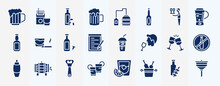 Set Of Glyph Alcohol Icons. Editable Filled Icons Such As Oktoberfest, October, Waitress, Cigarette, Ice Coffee, , Opener, Wine Bucket Vector Collection.
