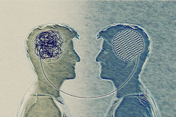 Two humans head silhouette psycho therapy concept. Therapist and patient. Illustration for psychologist blog or social media post.
