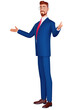 © Bahauaddinbek - 3 d cartoon character. You are welcome. Closeup mature man in a blue suit and red tie gesturing welcome sign and smiling while standing. Minimal stylized art style on white background.