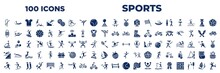 Set Of 100 Glyph Sports Icons. Editable Filled Icons Such As Ball Arrow, Boy With Skatingboard, Climbing With Rope, Racing Bike, Person Riding On Sleigh, Snow Slide Zone, Sportive Man Playing With A