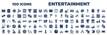 Set Of 100 Glyph Entertainment Icons. Editable Filled Icons Such As Video Editing, Swing, Theater, Dance, Arcade Hine, , Eight Ball, Steering Wheel Vector
