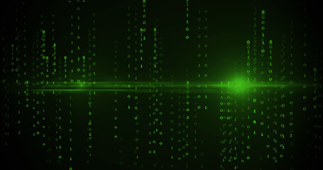 Image of green binary coding data processing over black background