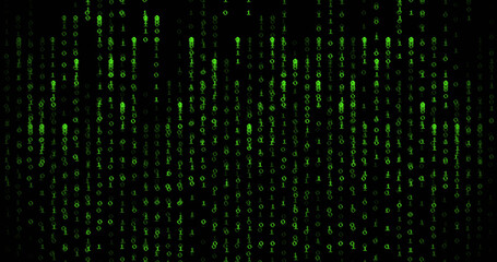 Image of green binary coding data processing over black background