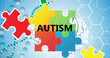 Image of autism awareness month text over puzzle and dna strand