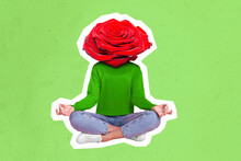 Creative Collage Image Of Person Meditate Headed Red Rose Isolated On Illustrated Green Background