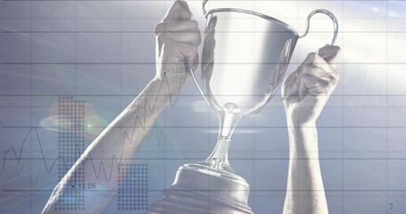 Poster - Animation of data processing over caucasian sportsman holding cup