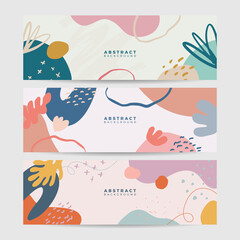 Wall Mural - Set of earth tone colorful minimal organic floral leaves hand drawn abstract banner background in boho style.