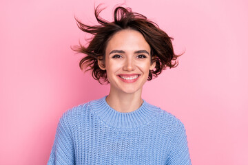 Sticker - Portrait of adorable satisfied girl toothy beaming smile look camera isolated on pink color background