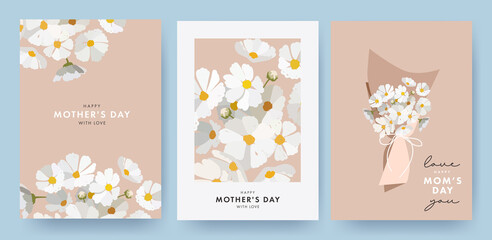 Mother's day design Set in modern art style. Greeting cards with drawn spring flowers in pastel colors and trendy typography. Mothers day modern design templates for banner, fashion ads, poster, cover