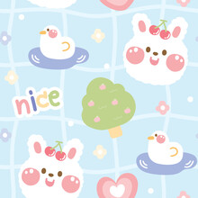 Seamless Pattern Of Cute Rabbit Face And Duck Cartoon On Blue Background.Nice Text.Pastel.Kawaii.Vector.Iiilustration.