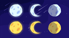 Set Of Moon On White Background. Vector Illustration Starry Sky With Different Shapes Of The Moon In Yellow And White Color In Cartoon Style.