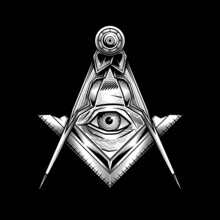 Freemasonry Emblem - The Masonic Square And Compass Symbol. Vector Illustration In Engraving Technique Of All Seeing Eye In Sacred Geometry Triangle, Masonry And Illuminati Symbol.