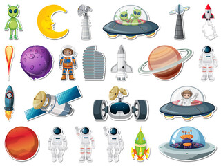 Wall Mural - Sticker set of outer space objects and astronauts