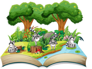 Canvas Print - Storybook with raccoons in forest