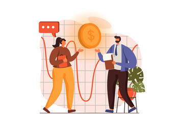 Poster - Analyzing budget web concept in flat design. Man and woman calculate business statistics, making financial report, invest money. Auditing and finance management. Vector illustration with people scene