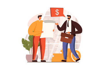 Poster - Business activities web concept in flat design. Men discuss work tasks, negotiate about investing in project and making deal. Businesspeople working at office. Vector illustration with people scene