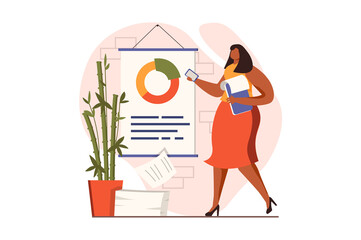 Aufkleber - Business activities web concept in flat design. Woman makes financial report for presentation at meeting with colleagues. Businesspeople working at office. Vector illustration with people scene