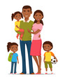 happy young African American family with three children. Beautiful black family, young parents with son and two daughters, in casual fashion. Vibrant colors.