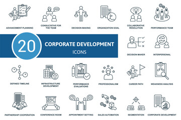 Corporate Development set icon. Contains corporate development illustrations such as consultative for the team, organization goal, performance team and more.