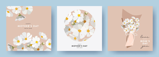 Wall Mural - mother's day greeting card set in modern art style with hand drawn daisy spring flowers in pastel co