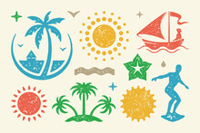 Summer Symbols And Objects Set Vector Illustration. Bright Sun And Female Silhouette Of Boat