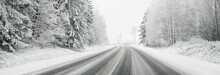 Empty Highway (asphalt Road) Through The Snow-covered Forest, Rural Area. View From The Car. Europe. Nature, Christmas Vacations, Remote Places, Winter Tires, Dangerous Driving Concept
