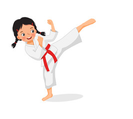 Sticker - cute little karate kid girl with red belt showing kicking attack techniques poses in martial art training practice