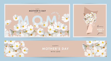 mother's day design set in modern art style. abstract background with hand drawn daisy spring flower