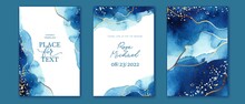 Set Of Elegant, Romantic Wedding Cards, Covers, Invitations With Shades Of Blue.  Golden Lines, Splatters. Watercolor Washes, Abstract Background. 
