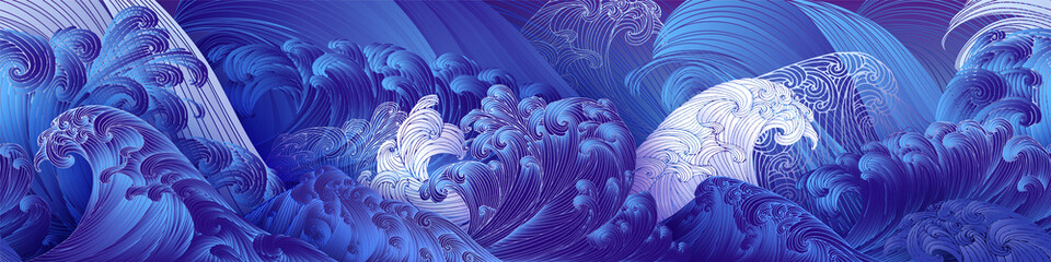 Line art design of waves, mountain, modern hand-drawn vector background, gold ink pattern. Minimalist Asian style.