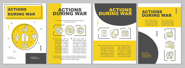 Action during war yellow brochure template. Tips for civilians. Leaflet design with linear icons. 4 vector layouts for presentation, annual reports. Arial, Myriad Pro-Regular fonts used