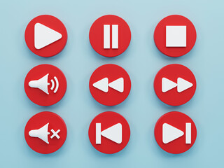 Poster - 3d render 3d illustration. set of media player button icons on blue background.