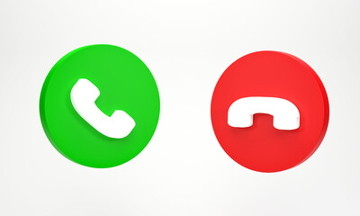 Poster - 3D rendering, 3D illustration. Phone call icon isolated on white background. Telephone icons in green accept and red reject incoming call