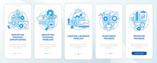 Business Analyst Responsibilities Blue Onboarding Mobile App Screen. Walkthrough 5 Steps Graphic Instructions Pages With Linear Concepts. UI, UX, GUI Template. Myriad Pro-Bold, Regular Fonts Used